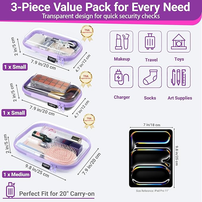 YQBRAO 3 Pack Hard Sided Clear Zipper Case for Storage- Thickened-Grade Clear Hard Shell Zipper Case for Organizing Bead, Handicrafts, Sewing, Toiletries, Makeup (Purple)