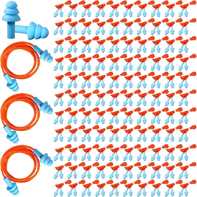 Xuhal 200 Pairs Corded Ear Plugs Silicone Earplugs with Cord Individually Wrapped Reusable Earplugs Sleep Noise Cancelling Hearing Protection for Snoring Shooting Studying Construction (Light Blue)