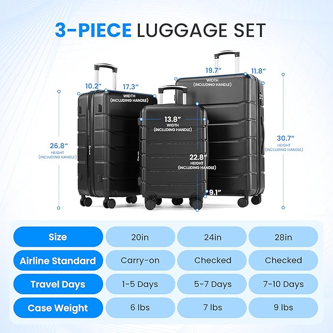 Simple Deluxe 28 Inch Hardside Carry On Luggage, Suitcase with Double Spinner Wheels & TSA Lock, Hard Shell Suitcase, Expandable Rolling Lightweight Luggage, Black