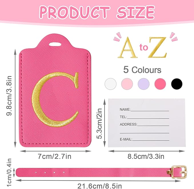Initial Luggage Tags for Suitcases, Cute Embroidered Letter Luggage Bag Suitcase Identifier Name Baggage Tag, PU Leather Travel Luggage Tags, Bag Tags for Men Women Kids Luggage Handbags(Rosered C)