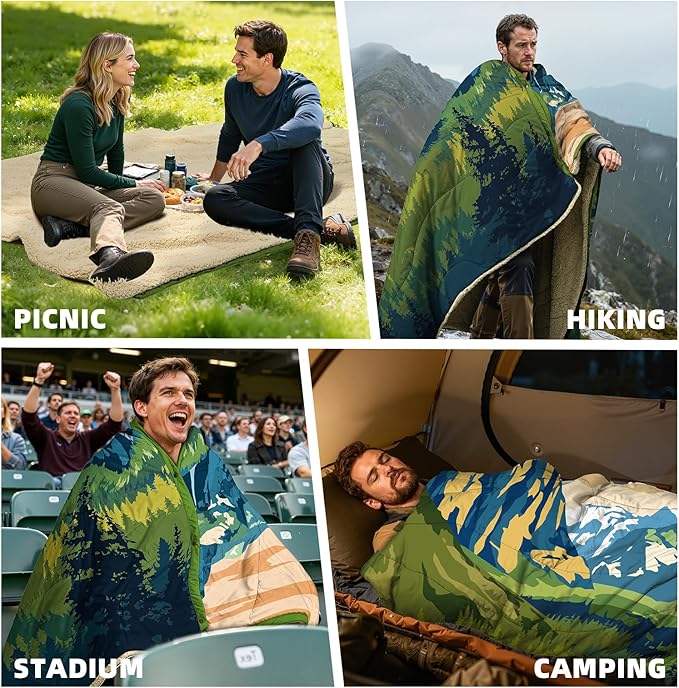 Outdoor Camping Blanket with Sherpa Lining, Extra Warm Thick Camp Blankets and Puffy Ultralight Soft Poncho DWR Camping Quilt for Cold Weather, Adventure, Sleeping, Backpacking 78"x 56"
