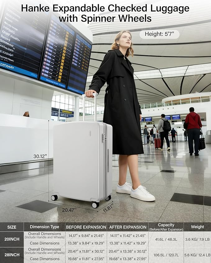 Hanke Expandable Luggage Sets 2 Piece, 20 Inch and 28 Inch Luggage Sets with Spinner Wheels, Durable PC Hard Shell Rolling Suitcase with TSA Lock for Travel (20/28 Inch, Smoke White)