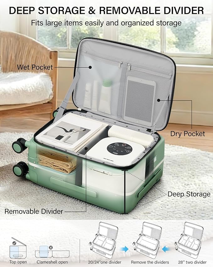 Hanke 28 Inch Top Opening Hard Shell Luggage, PC Aluminum Frame Extra Large Suitcase with Cup Holder, USB-C Charging Port, TSA Lock, 8 Silent Spinner Wheels& Removable Dividers,Forest Green