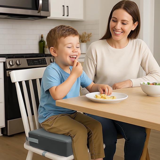 Toddler Booster Seat Dining Table Kitchen Chair, Waterproof Anti-Scratch PU Cushion, Non-Slip Bottom, Adjustable Buckle Straps, Easy Clean Portable Seat Cushion (Dark Grey)