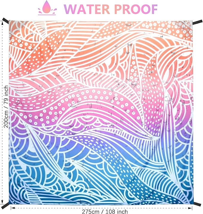 HIHOHO Beach Blanket Waterproof Sandproof Beach Mat for 1-8 Adults Quick Drying Durable Outdoor Picnic Mat for Beach Festival Travel Camping Hiking (Gradiant-Ripple, 79"×108"(6 Person))