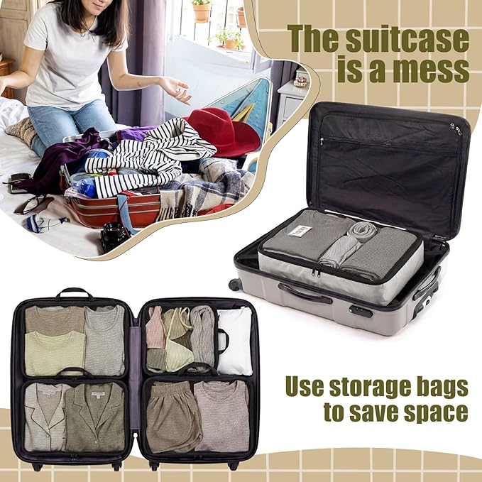 7 Pcs Packing Cubes for Travel Large Days of Week Compression Packing Cube with Labels Luggage Organizers Storage Bag(Brown)