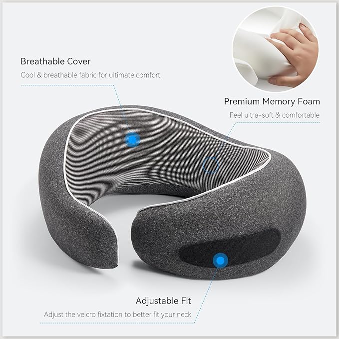 Travel Neck Pillow for Airplanes, Premium Memory Foam Neck Pillow with Ergonomic 360° Support, Travel Essentials for Plane, Car, Train and Home, Black