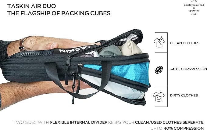 Taskin Compression Packing Cubes | Separate Clean & Dirty Compartments w/Flexible Separator | YKK Zippers | | Set of 2 (2XL)