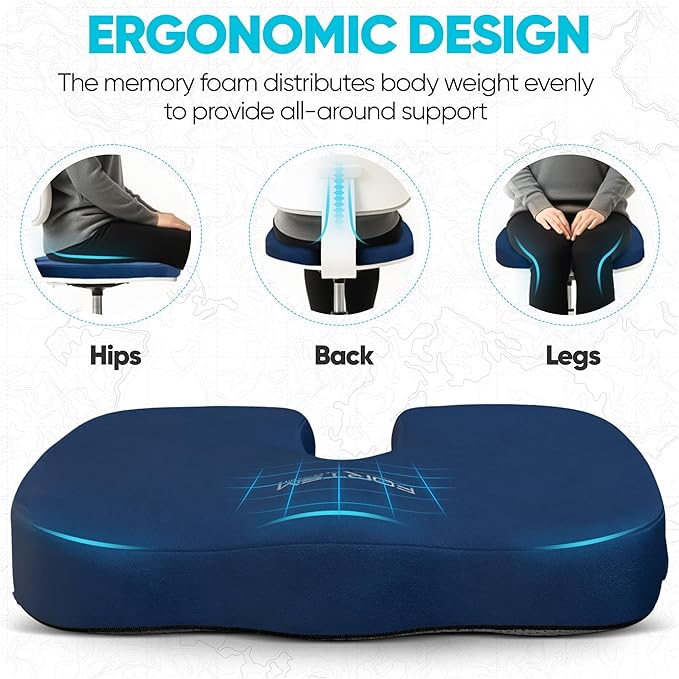 FORTEM Seat Cushion, Office Chair Cushion, Desk Chair Memory Foam, Sciatica Coccyx Tailbone Pain Relief, Pressure Relief, Sitting Pad, for Long Gaming & Sitting, Washable Cover, Non Slip