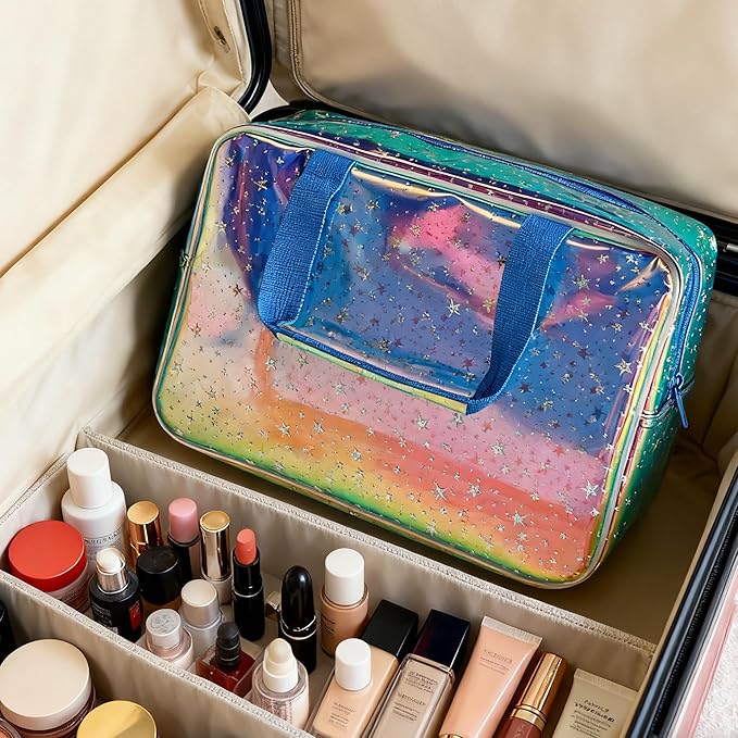 Holographic Blue Clear Star Large Cosmetic Bag and TPU Travel Pouch with Handle,Durable Material,Zipper Design-Ideal for Makeup,Travel Essentials (Holographic Blue+Star)