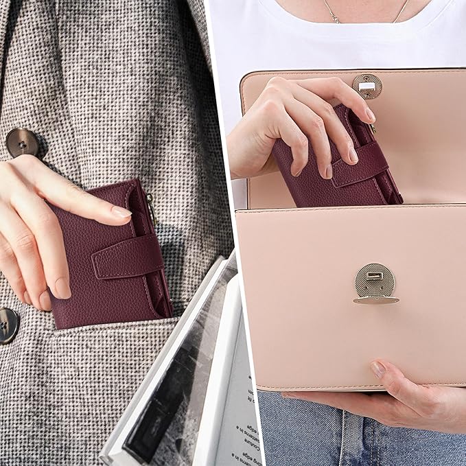Airkit Small Wallet Women RFID Blocking Soft Leather Bifold Compact Card Holder Wallet for Women with Zipper Coin Pocket 4 ID Window