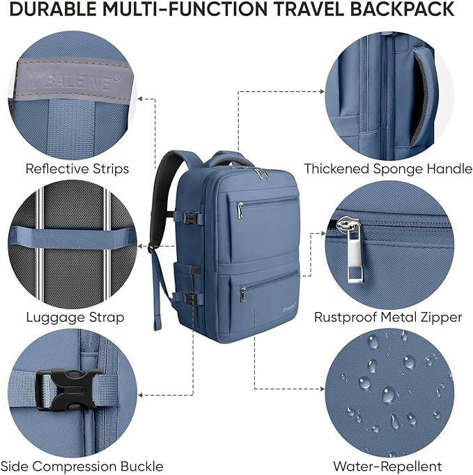 BALEINE Travel Backpack for Women Men, Large Sturdy Carry On Laptop Backpack Gifts for Business, Casual, Weekender, Hiking (Large, Dusty Blue)