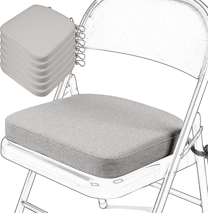 SINOSSO Memory Foam Chair Cushions for Folding Chairs 6 Pack, Thickened 2" Square Pads with Ties for Kitchen Chairs, Indoor Non-Slip Dining Chair Seat Cushions (6 Pcs, Light Gray)