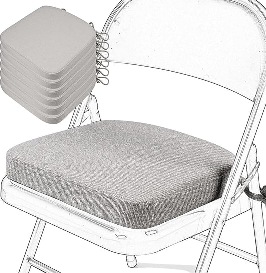 SINOSSO Memory Foam Chair Cushions for Folding Chairs 6 Pack, Thickened 2" Square Pads with Ties for Kitchen Chairs, Indoor Non-Slip Dining Chair Seat Cushions (6 Pcs, Light Gray)