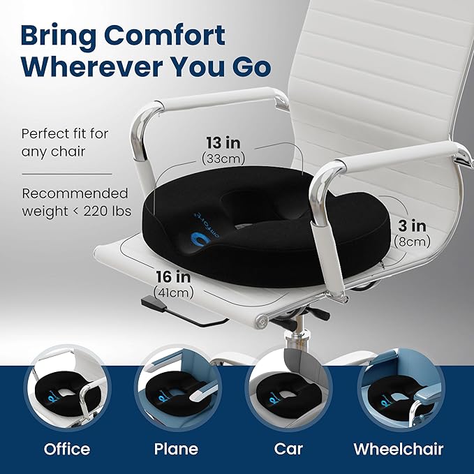 Everlasting Comfort Donut Pillow for Tailbone Pain Relief Ergonomic Seat Cushion - Hemorrhoid Pillow for Sitting- Ideal Memory Foam Coccyx Chair Cushion for Postpartum Pregnancy, Anti-Slip, Washable