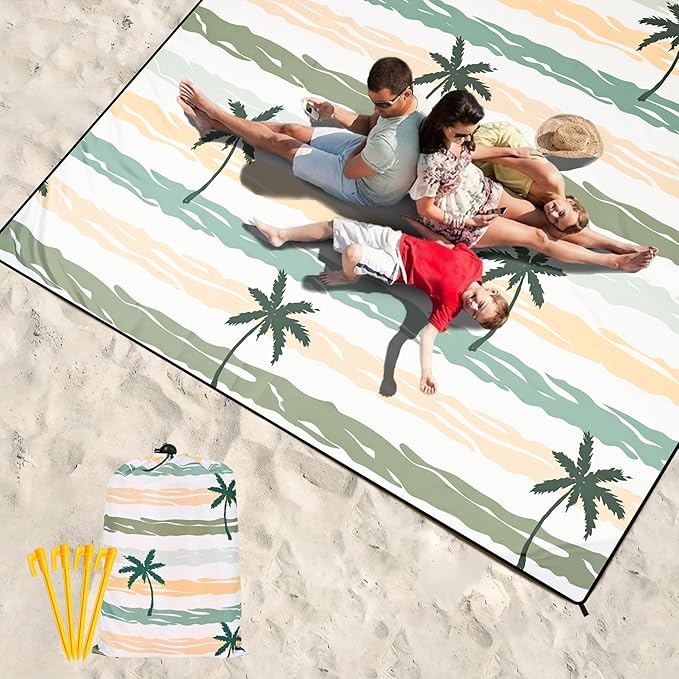 Beach Blanket Waterproof Sandproof Beach Mat 79”x 83” for 1-8 Adults Quick Drying Durable Outdoor Picnic Mat for Beach Festival Travel Camping Hiking (Stripes Cocotree-YL&GN, 79"×83"(4 Person))