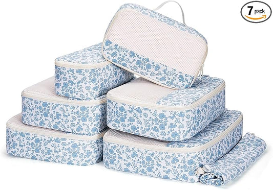 Narwey 7 Set Floral Packing Cubes for Travel Carry on Suitcase Luggage Organizer Bags for Kids Women Men, Durable Packing Organizers Bag, Travel Essentials Accessories (Blue Flower)
