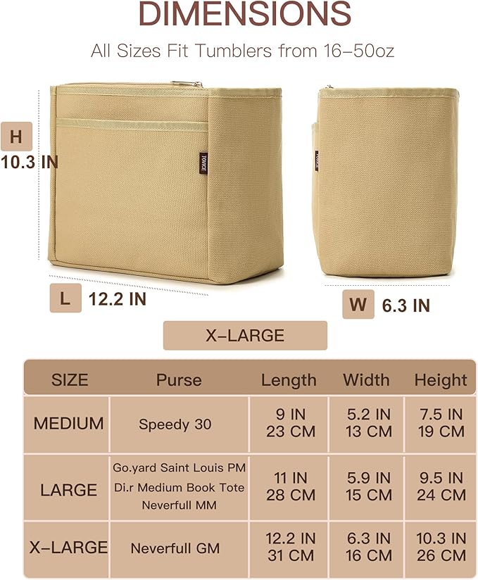 TOVICE Tote Bag Organizer Insert with Stanley Cup Holder and Zipper Bag, Compatible with Neverfull, Saint Louis and More, 9 Pockets (Beige, X-Large)
