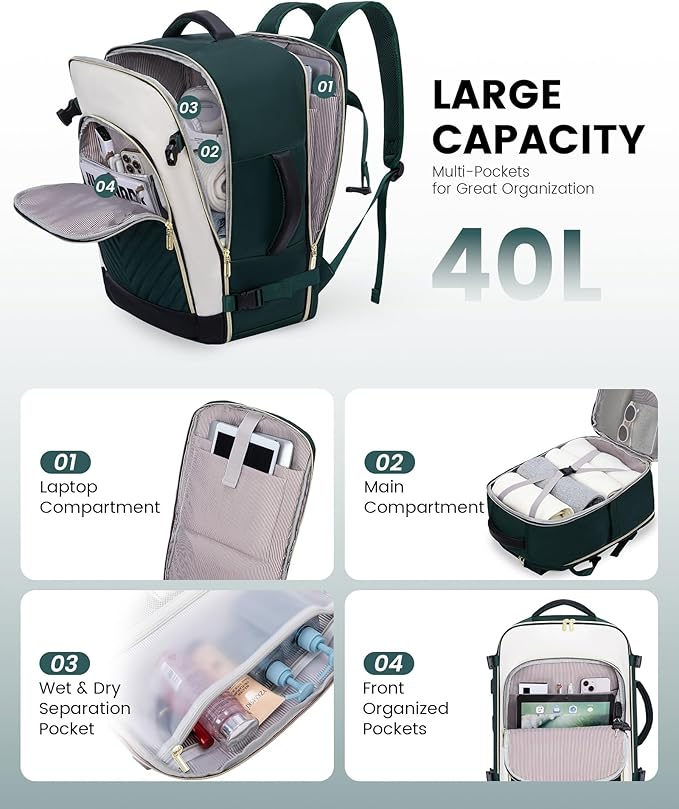 LOVEVOOK Large Travel Backpack for Women, TSA Carry on Backpack for Airplanes, 40L Personal Item Travel Bag for Women fits 17" Laptop,Waterproof Carry on Bag Airplane Approved with 3 Packing Cubes
