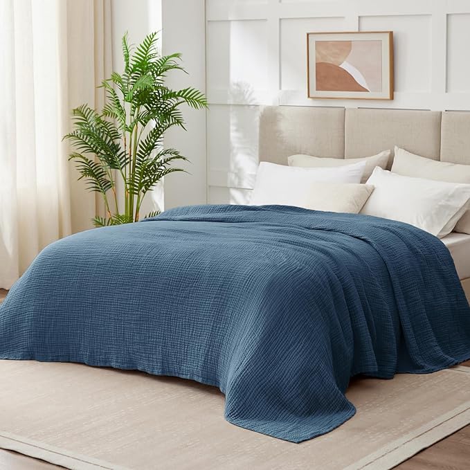 100% Cotton Muslin Blanket California King 120" x 90", 6 Layers Breathable and Lightweight Oversized Blankets for Bed, Soft Cooling Gauze Blanket for Adults All Season, Dark Blue