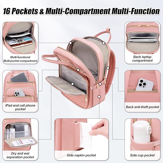 Tealari Laptop Backpack for Women,15.6 Inch Laptop Backpack for Work,Water Resistant Travel Backpack,College Bookbag with Wallet (Pink-1)