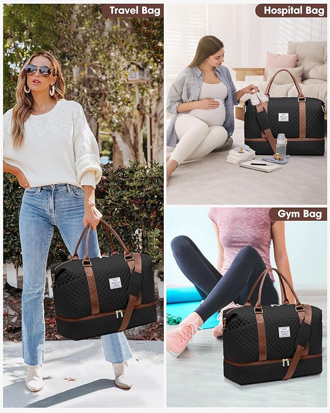 Travel Duffle for Women Weekender Bags - Large Duffel Overnight Bag with Shoe Compartment Carry on Tote Toiletry Weekend Yoga Gym Bags with Wet Pocket Hospital for Labor and Delivery Black Brown