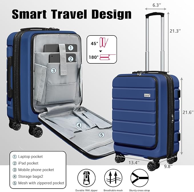 Explorer 20 Inch Carry On - Hardshell Suitcases with Front Pocket, Navy Blue