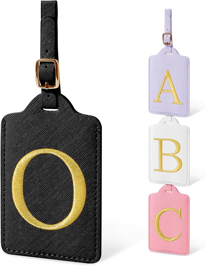 Initial Letter Luggage Tags for Suitcases, Personalized Embroidered Letter Luggage Bag Suitcase Identifier Name Tag, Cute PU Leather Travel Luggage Tags, Bag Tags for Luggage Handbags(Black O)