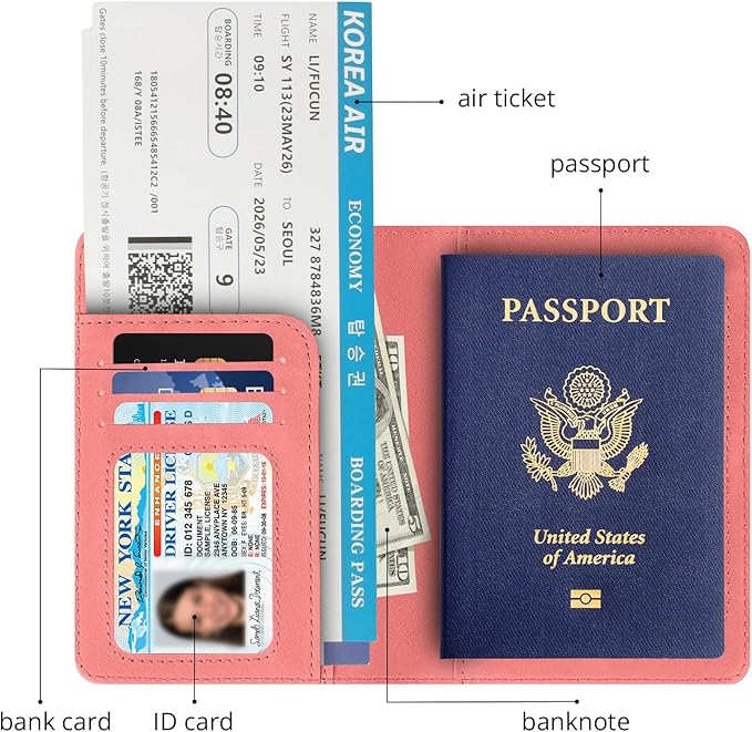 Passport Holder for Travel Essentials,RFID Blocking Passport Cover Wallet Card Case for Women and Men (Pink)