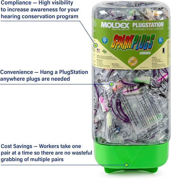 Moldex SparkPlugs PlugStation Corded Earplug Dispenser – 150 Pairs Soft Foam Disposable Ear Plugs, Individually Wrapped, Wall Mount Bulk PPE Hearing Protection Station, NRR 33dB Noise Reduction, 6880