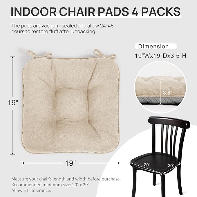 Love's cabin Memory Foam Chair Cushions Set of 4, 19"x19"x3.5" Indoor & Outdoor Seat Pads for Dining, Kitchen, Office, Patio Chairs - Khaki