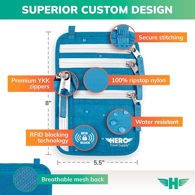 HERO Neck Wallet - RFID Blocking Passport Holder, Easy to Conceal Travel Puch (Aqua)
