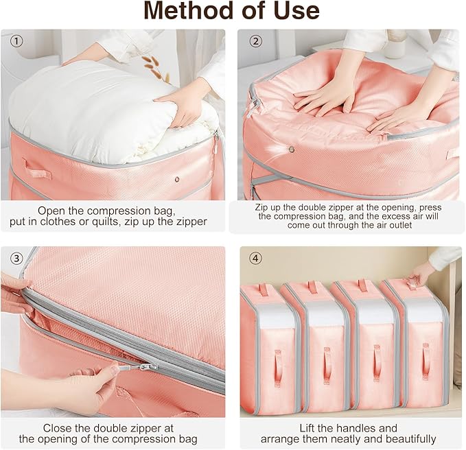 2 Pack Compression Storage Bags - 110L Large Capacity Comforter Storage Bag, 3-Layer Washable Ultra Space Saving Self Compression Organizer Space Bags for Blankets, Sweaters, Sheets, Pink