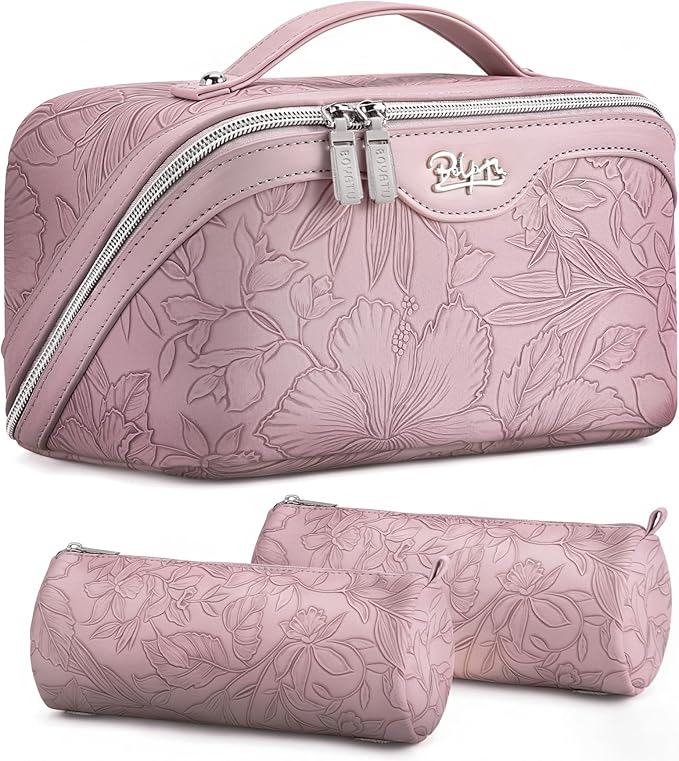 BOYATU Travel Makeup Bags Cosmetic Organizer Bag: 3-Set Large Capacity Make up Bag - PU Leather Toiletry Bags for Women - Wide Open Portable Pouch with Divider & Handle (01-Z-Light Purple)