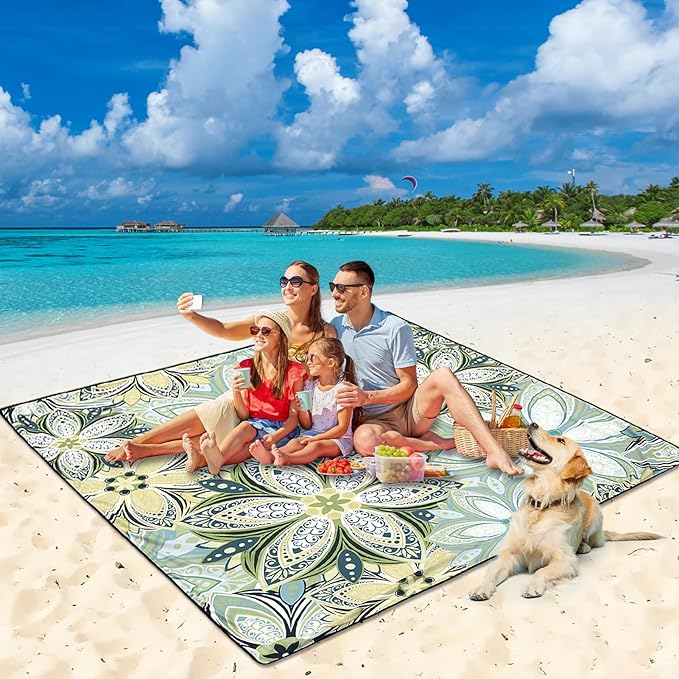 Beach Blanket Waterproof Sandproof Beach Mat for 1-8 Adults Quick Drying Durable Outdoor Picnic Mat for Beach Festival Travel Camping Hiking (Flourishing Blossom-Y&GN, 79"×83"(4 Person))