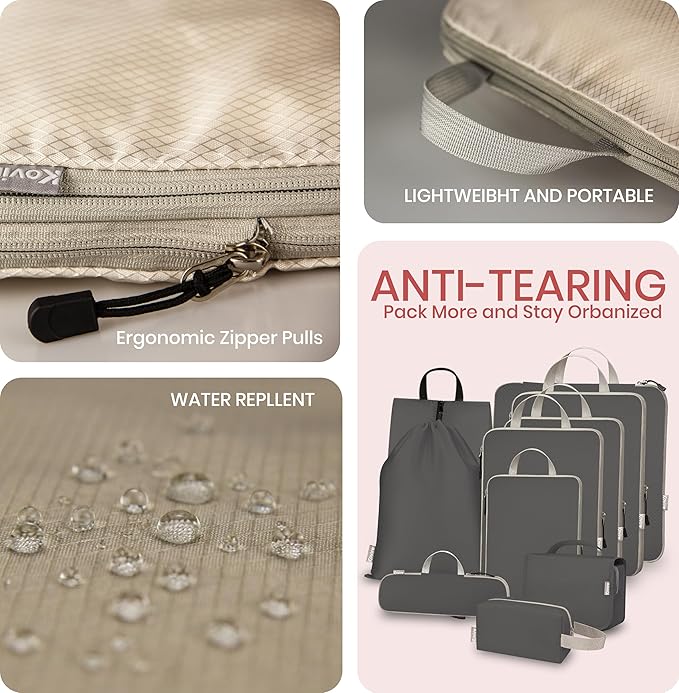 Compression Packing Cubes for Travel, Set of 10 Expandable Luggage Organizers with Shoe Bag, Lightweight Water-Resistant Suitcase Essentials for Carry-on & Checked Luggage, Grey