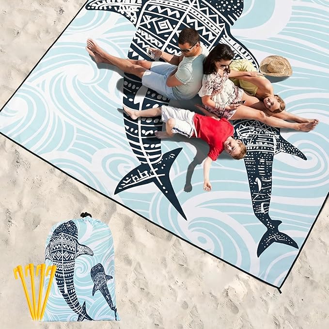 HIHOHO Beach Blanket Waterproof Sandproof Beach Mat 79”x 83” for 1-8 Adults Quick Drying Durable Outdoor Picnic Mat for Beach Festival Travel Camping Hiking (Whale, 79"×83"(4 Person))