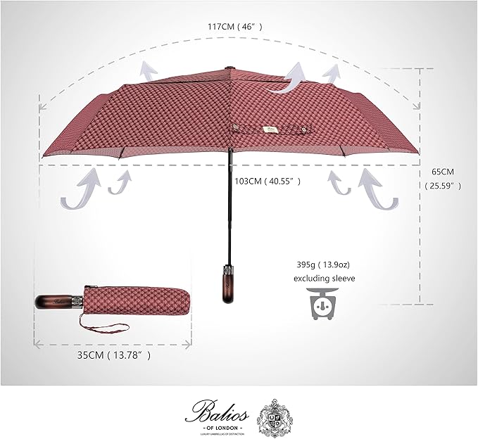Balios Travel Folding Umbrella with Real Wood Handle Auto Open Close Vented Windproof Canopy - Designed in UK