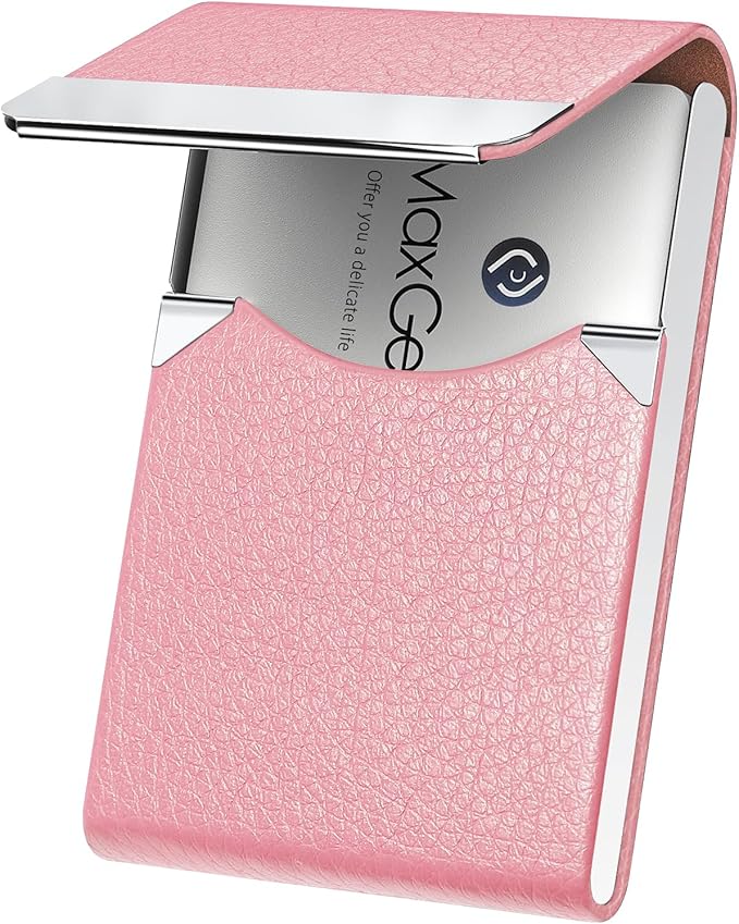 MaxGear Business Card Holder, PU Leather & Stainless Steel Business Card Case for Men or Women, Slim Name Cards Holder RFID Blocking Credit Cards Carrier with Magnetic Closure, Pink