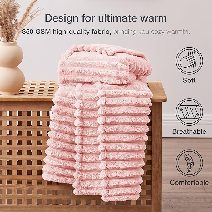 EXQ Home Fleece Throw Blanket for Couch or Bed - 3D Stripe Jacquard Decorative Blankets - Cozy Soft Lightweight Fuzzy Flannel Blanket Suitable for All Seasons(50"×60",Pink)