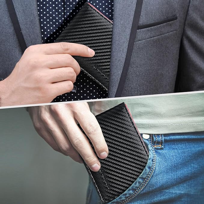 Chelmon Slim Wallet for Men ID Window with RFID Blocking Front Pocket Minimalist Bifold Bussiness Card Holder Gift for Men, Carbon Black & Red