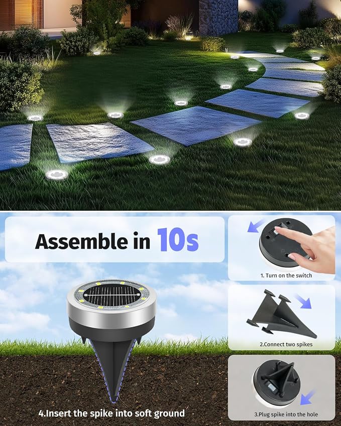 Mini Solar Ground Lights Outdoor 24 Pack Waterproof Upgraded Anti-Rust Solar Flat Garden Lights Stainless Steel Solor Powered Disc Landscape Light for Pathway Walkway Yard Lawn Patio-Cool White