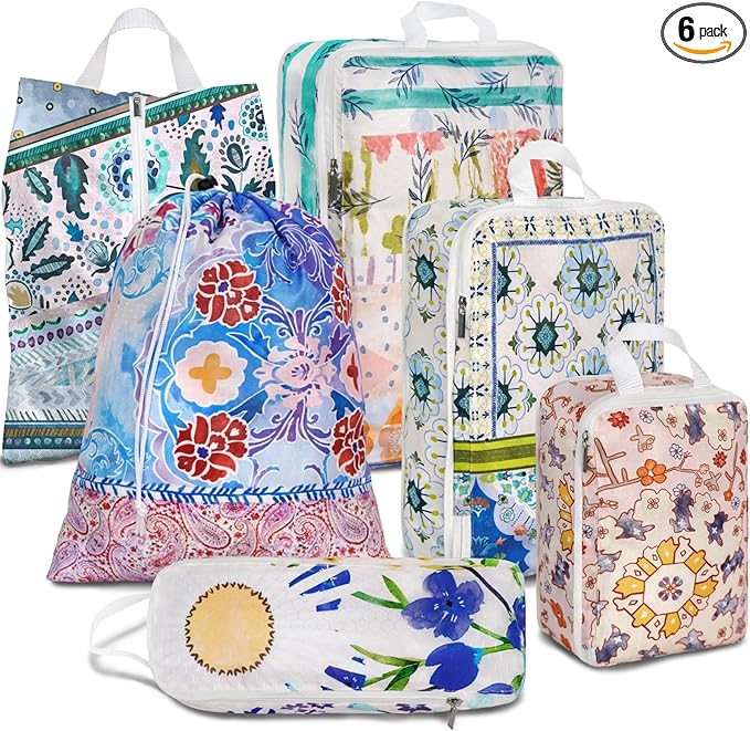 6 Pcs Compression Packing Cubes Waterproof Suitcase Travel Bag Luggage Backpack Organizer Travel Cubes for Packing-Pink and Green Bohemian