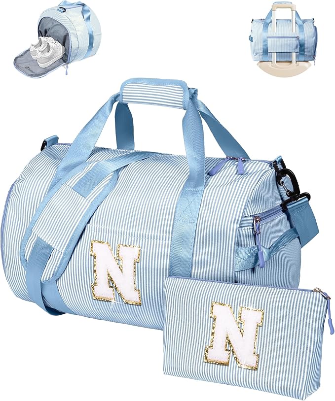 Toddler Birthday Gift, Girls Travel Duffle Bag, Kids Initial Overnight Bags with Shoe Compartment, Customized Weekender Bag with Makeup Pouch, Teen Girl Gifts Trendy Stuff (Letter N)