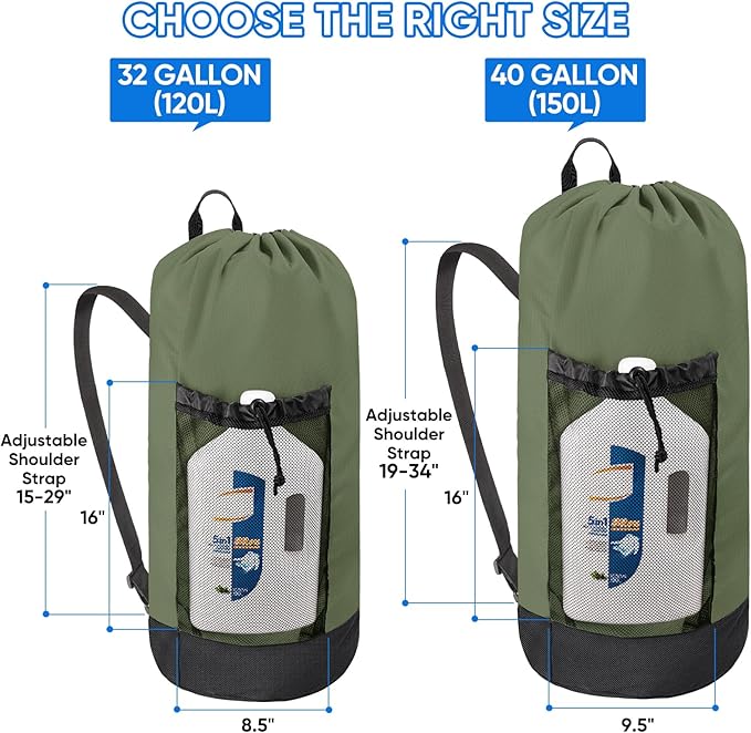 BALEINE 2PK 150L Laundry Bag Backpack, 900D Oxford Fabric Large Travel Laundry Bags with Shoulder Straps and 2 Mesh Pockets for College Dorm, Apartment, Laundromat (Green, 150L)
