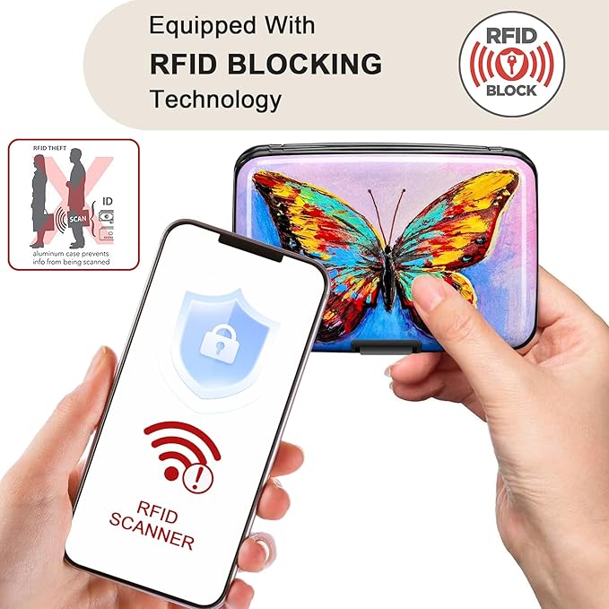 ELFISH RFID Blocking Credit Card Protector Aluminum ID Case Hard Shell Business Card Holders Metal Wallet for Men or Women (One Butterfly)