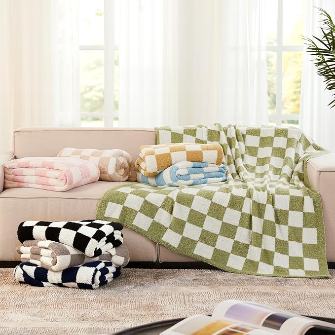 Checkered Throw Blanket, Black Soft Cozy Fluffy Knitted Throw Blankets for Couch, Sofa, Bed, Chair, Warm Fuzzy Travel Picnic Lightweight Plaid Blanket, 50x70 inches