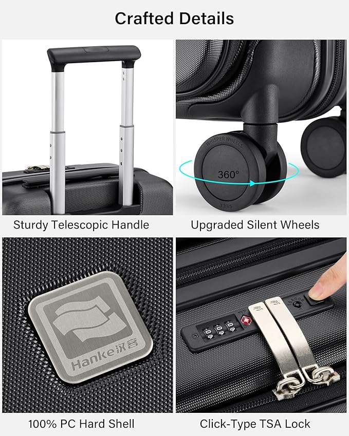 Hanke Hardside Expandable Carry On Luggage, 20 Inch Top Opening Trunk Luggages with Spinner Wheels, All-PC Hard Shell Carry-On Suitcase, Lightweight & TSA Airline Approved (Jet Black, 46L)