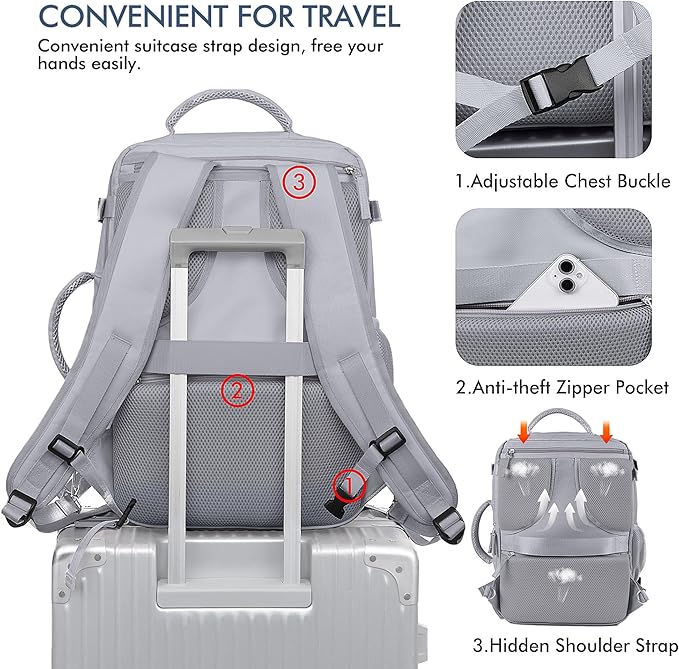 Beraliy Travel Backpack, Personal Item Bag Ailrline Approved, 17.3 Inch Laptop Backpack, Carry On Travel Bag, Hiking Backpack, Casual Backpack, Grey