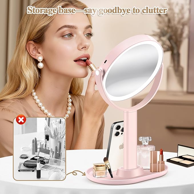 MOMOKUBA Makeup Mirror with Lights, Double Sided 1x/20x Magnifying Mirror with Light, Rechargeable 3 Color Lights and Adjustable Brightness, 360° Rotation Detachable Comes with Tweezer(Pink)